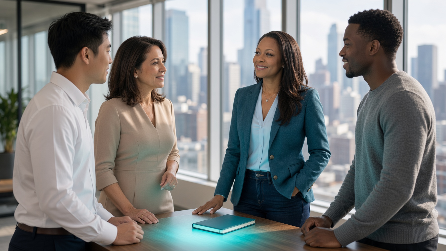 Lori Brooks talking with a team around a table, a teal notebook in front of them