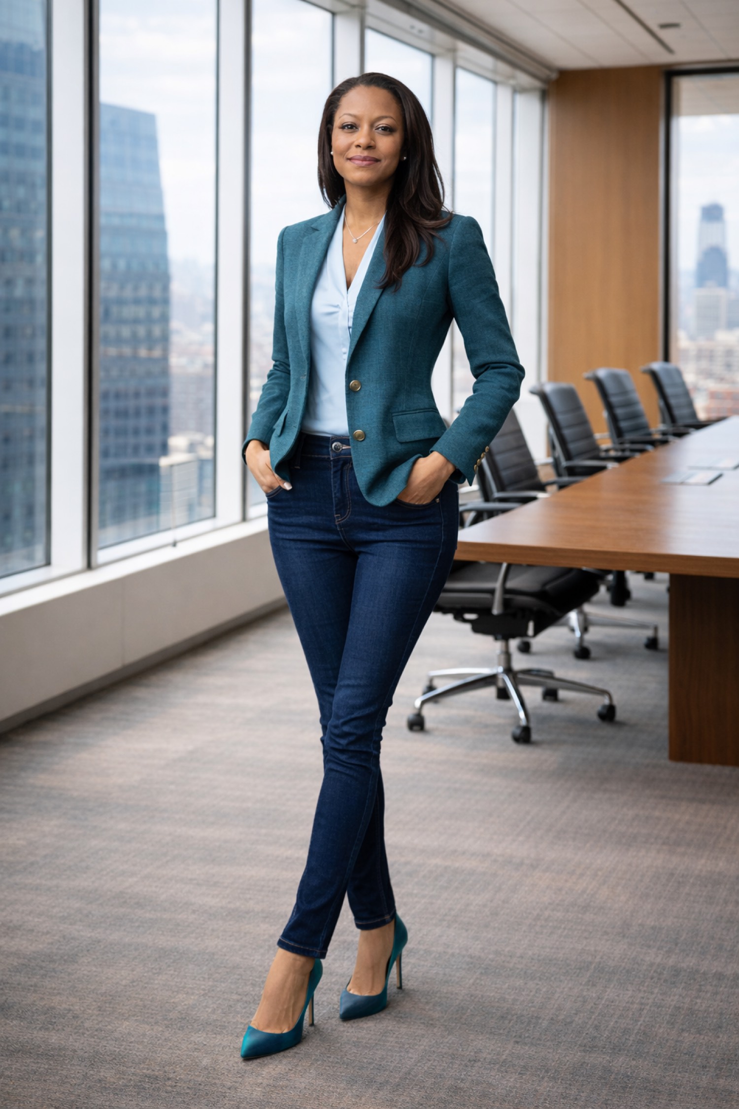 Lori Brooks standing in a modern office, wearing a teal blazer
